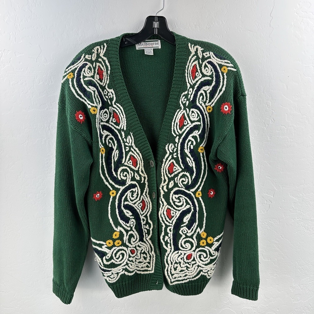 Vtg Melbourne Classix Knit Cardigan Sweater‎ Womens M Embroidered Green Granny